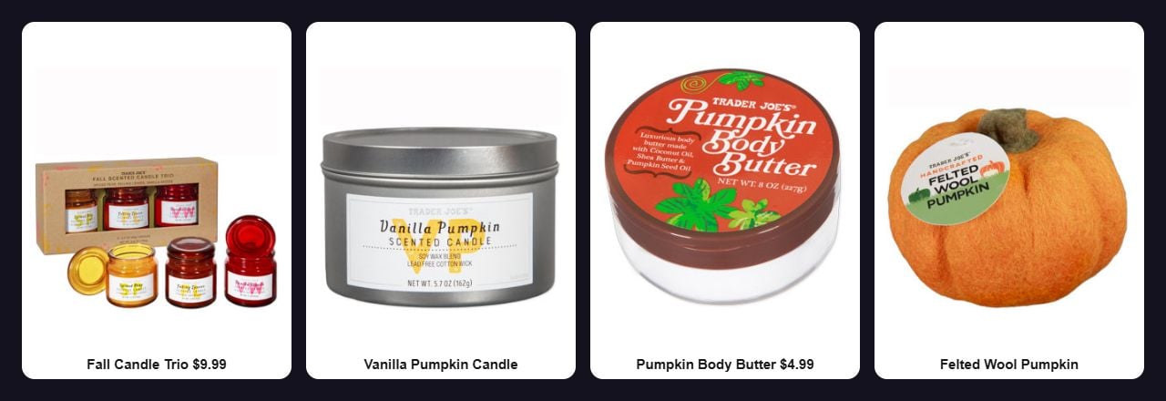 Trader Joe's fall home and beauty: Fall Scented Candle Trio, Vanilla Pumpkin candle, Pumpkin Body Butter, and a felted wool pumpkin