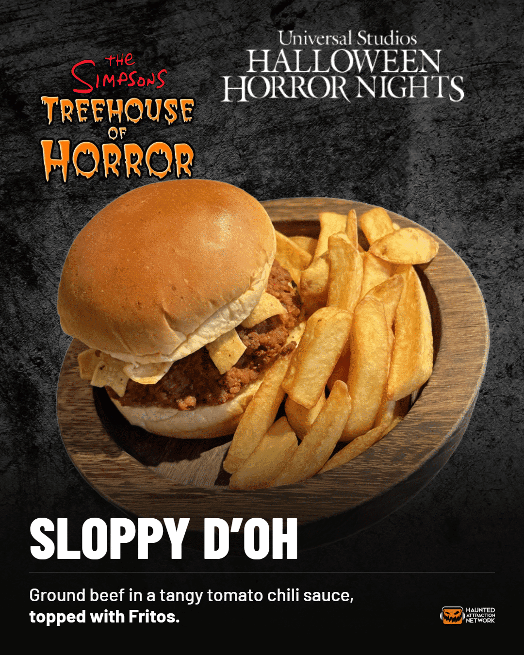 Sloppy D'oh sloppy Joe with fries, Treehouse of Horror food at HHN Hollywood 2026