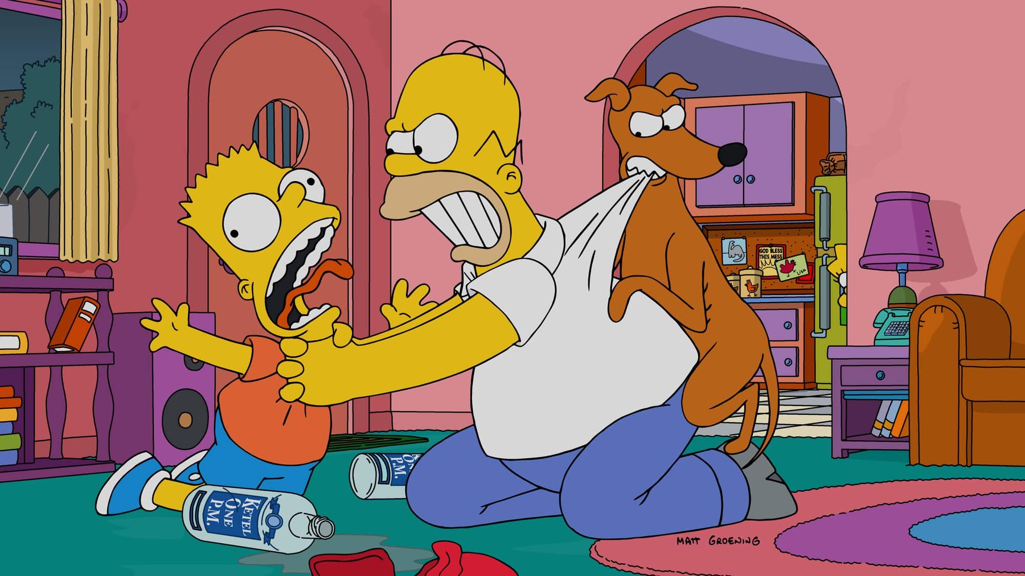 An animated Homer Simpson holds a startled Bart while Santa's Little Helper kneels beside them in the Simpsons' living room