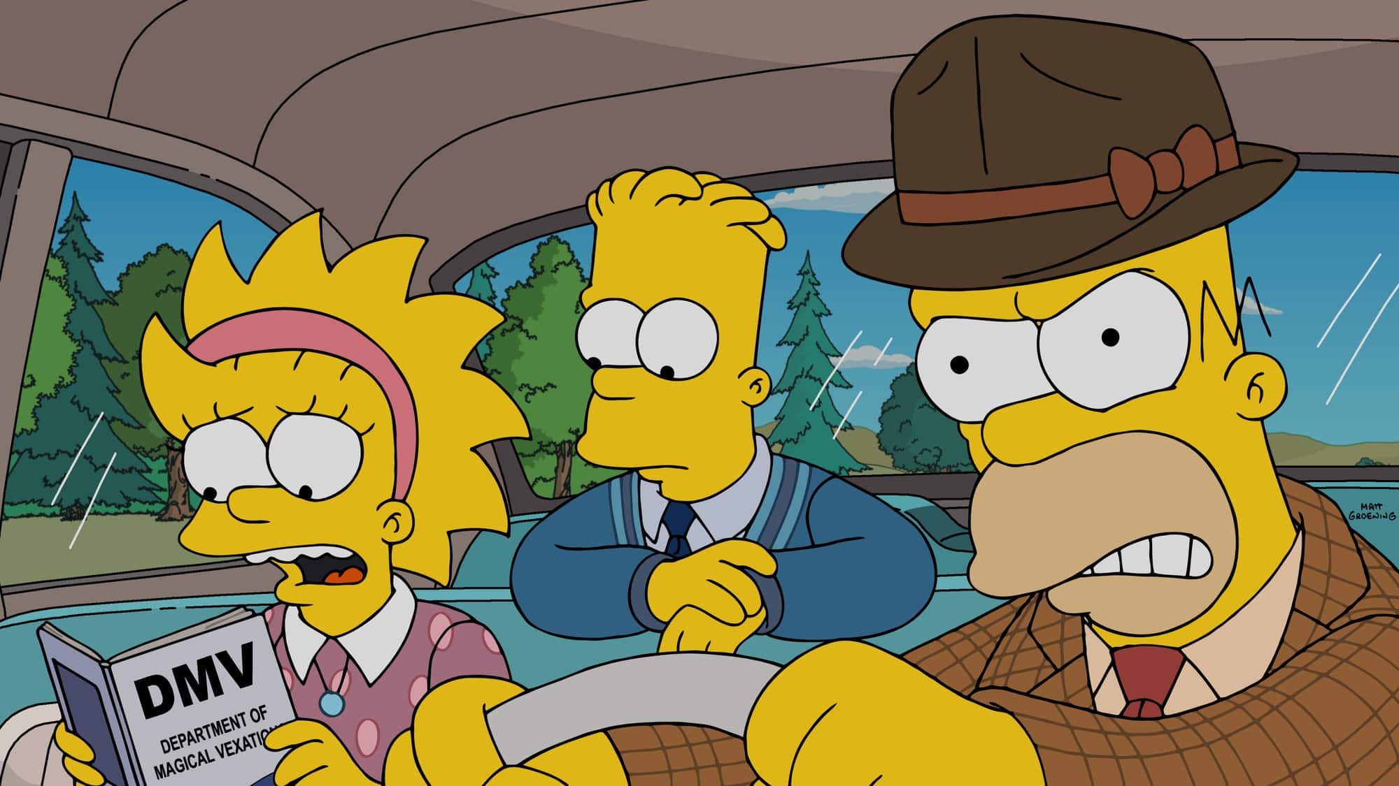 An animated Lisa holds a DMV handbook in the front seat of a car beside Bart and Homer, who wears a brown fedora
