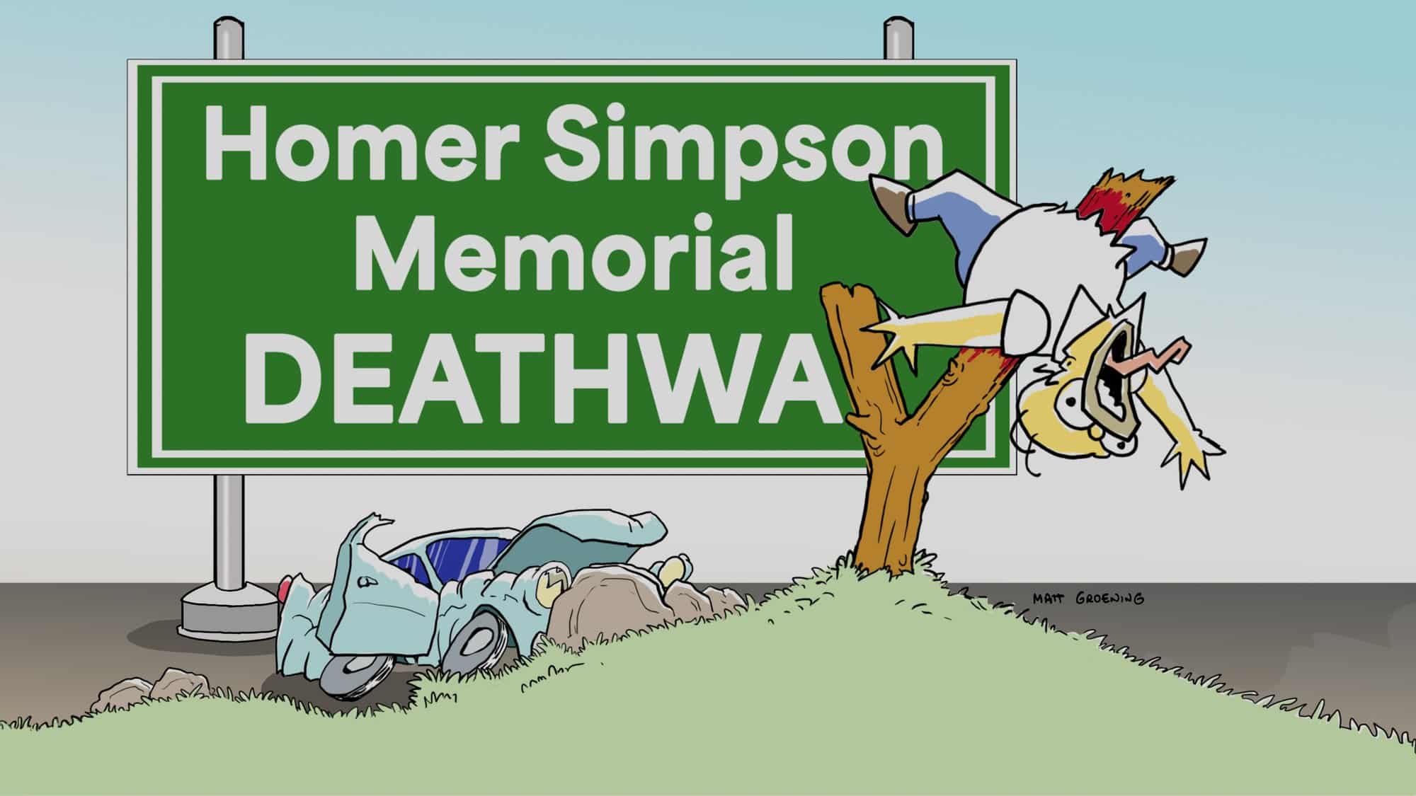 A green road sign reading Homer Simpson Memorial Deathway beside a wrecked car and a broken tree