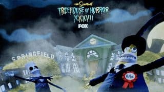 Stop-motion Bart Simpson as Jack Skellington and Homer as the Mayor of Halloween Town in front of Springfield's town hall, under the Treehouse of Horror XXXVII logo