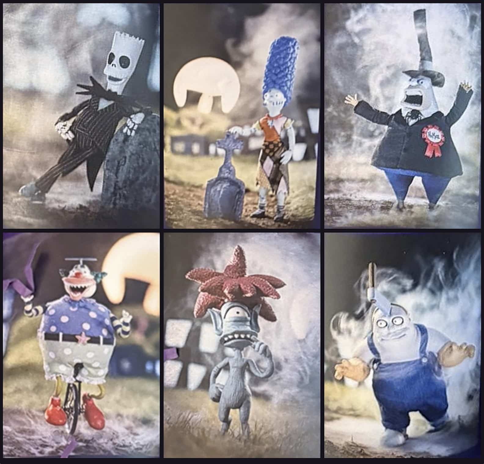 Six stop-motion figures from Treehouse of Horror XXXVII: Bart as Jack Skellington, Marge as Sally, Homer as the Mayor of Halloween Town, Krusty on a unicycle, a one-eyed creature with Sideshow Bob's hair, and a figure with a hatchet in his head