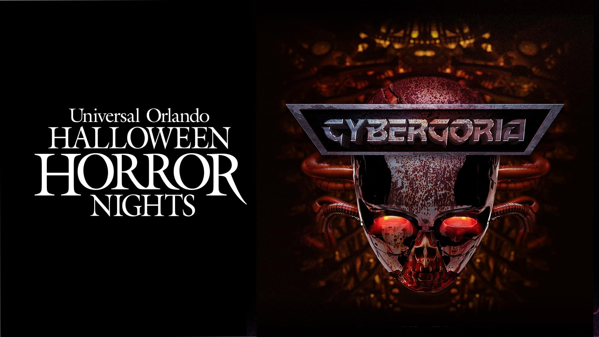 Cybergoria key art for Halloween Horror Nights 35 at Universal Orlando, a metal skull with glowing red eyes under the Cybergoria logo