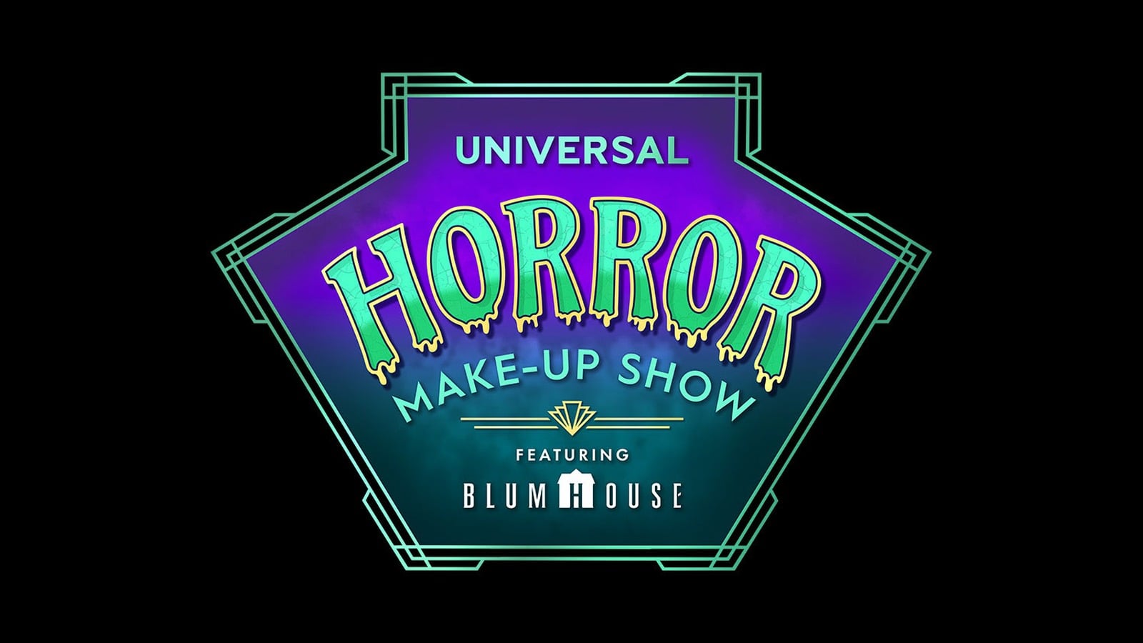 A purple and teal logo on black reads Universal Horror Make-Up Show featuring Blumhouse, with the word Horror in dripping green letters