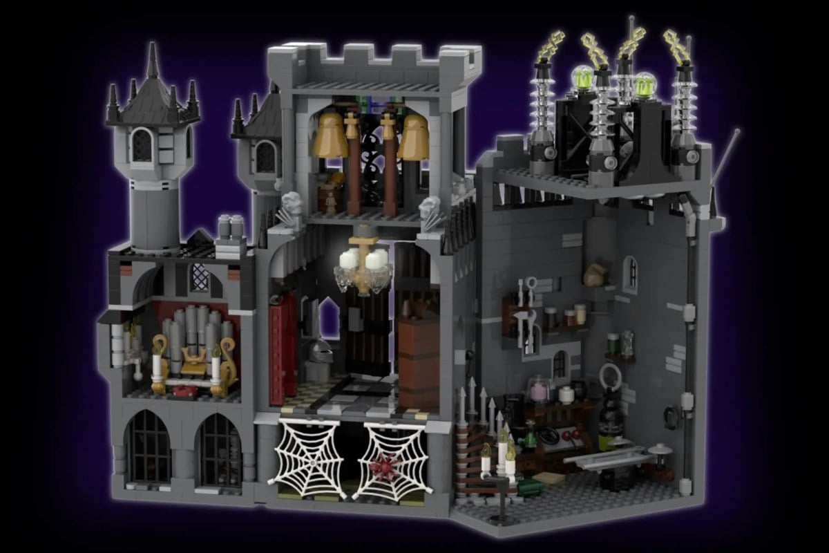 Universal Monsters LEGO set interior with pipe organ bell tower and laboratory