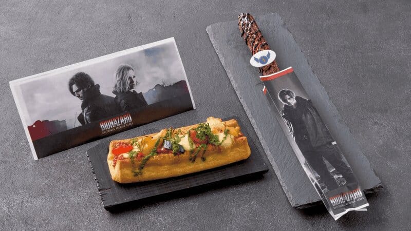 Resident Evil food at USJ: Green Herb croissant dog and Leon churros