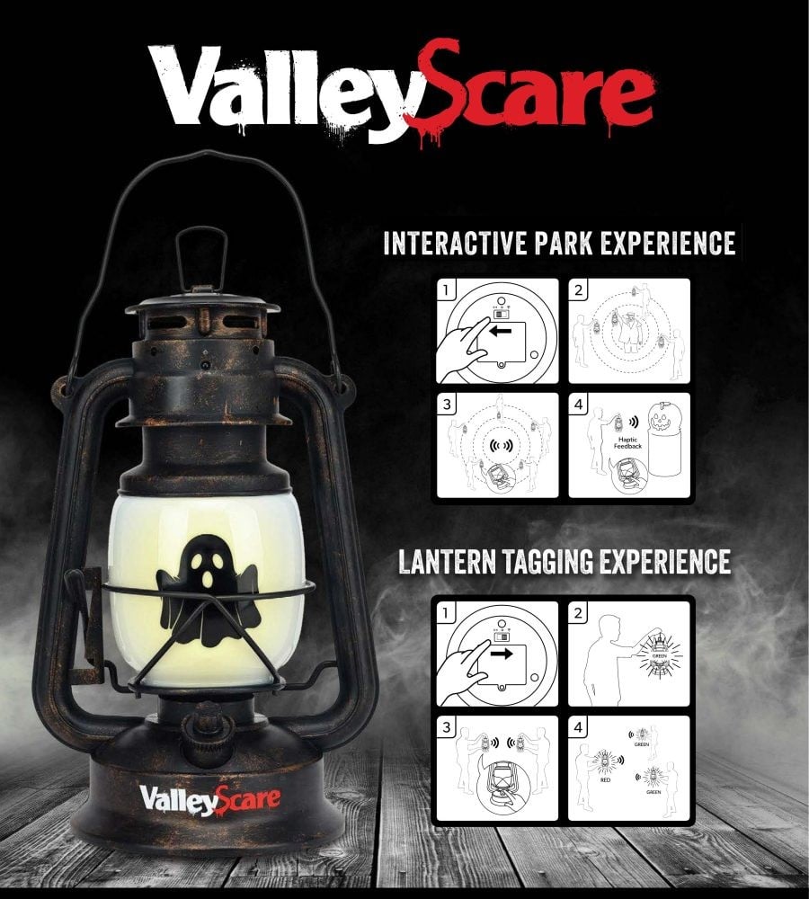 A black lantern with a glowing ghost panel beside step-by-step diagrams of how to use it