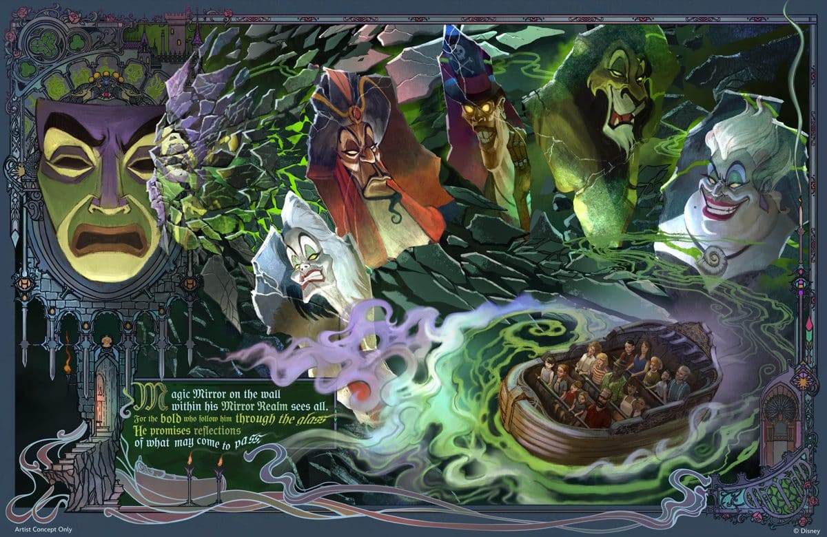 Concept art of the Magic Mirror dark ride in Villains Land
