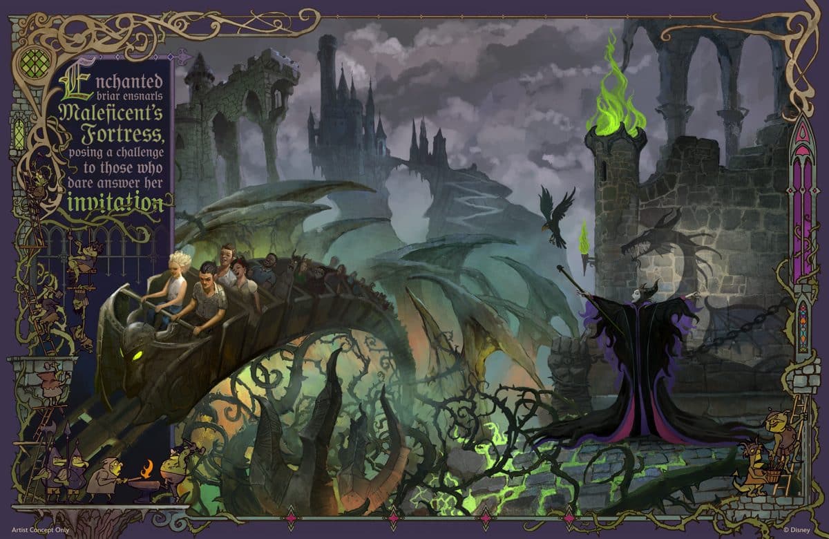 Concept art of the Maleficent coaster in Villains Land at Magic Kingdom
