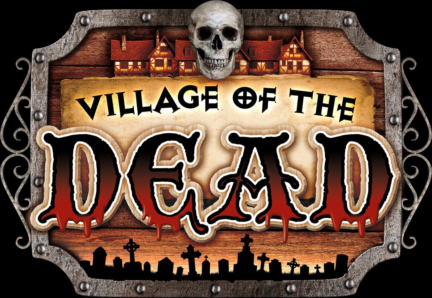 Sign art with a skull over a row of houses and lettering that reads Village of the Dead