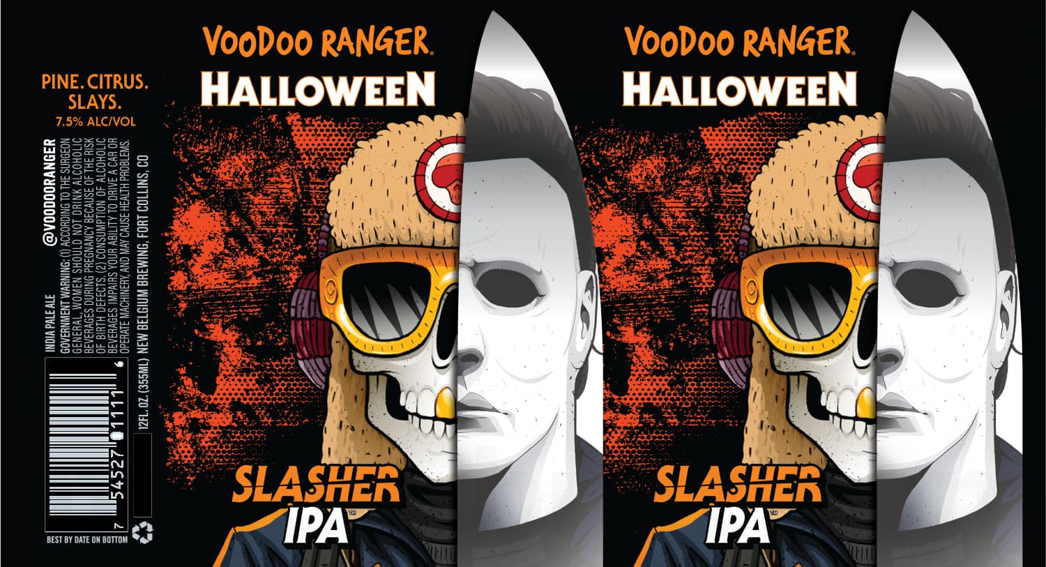 Voodoo Ranger Halloween Slasher IPA can label with the skeleton mascot wearing a Michael Myers mask