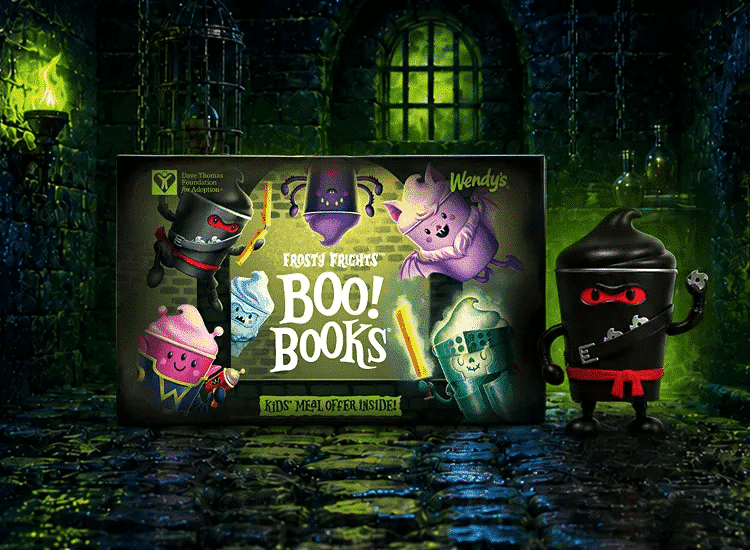 Wendy's 2026 Boo! Books box showing the Frosty Frights characters, with a ninja Frosty figure