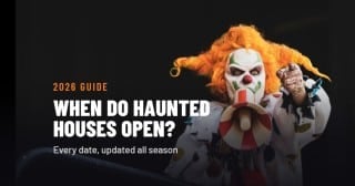 HAN 2026 guide card: When Do Haunted Houses Open, with a clown scare actor holding a megaphone