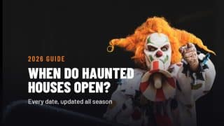 HAN 2026 guide card: When Do Haunted Houses Open, with a clown scare actor holding a megaphone