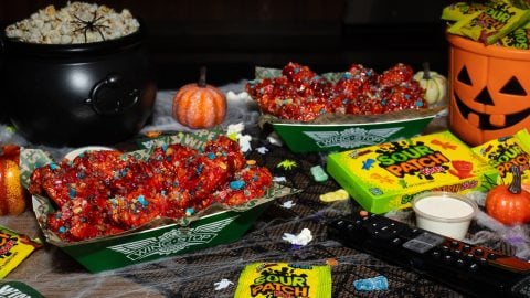 Two trays of chicken wings in a red glaze dotted with candy pieces on a Halloween table with a cauldron of popcorn, a jack-o'-lantern pail and Sour Patch Kids candy